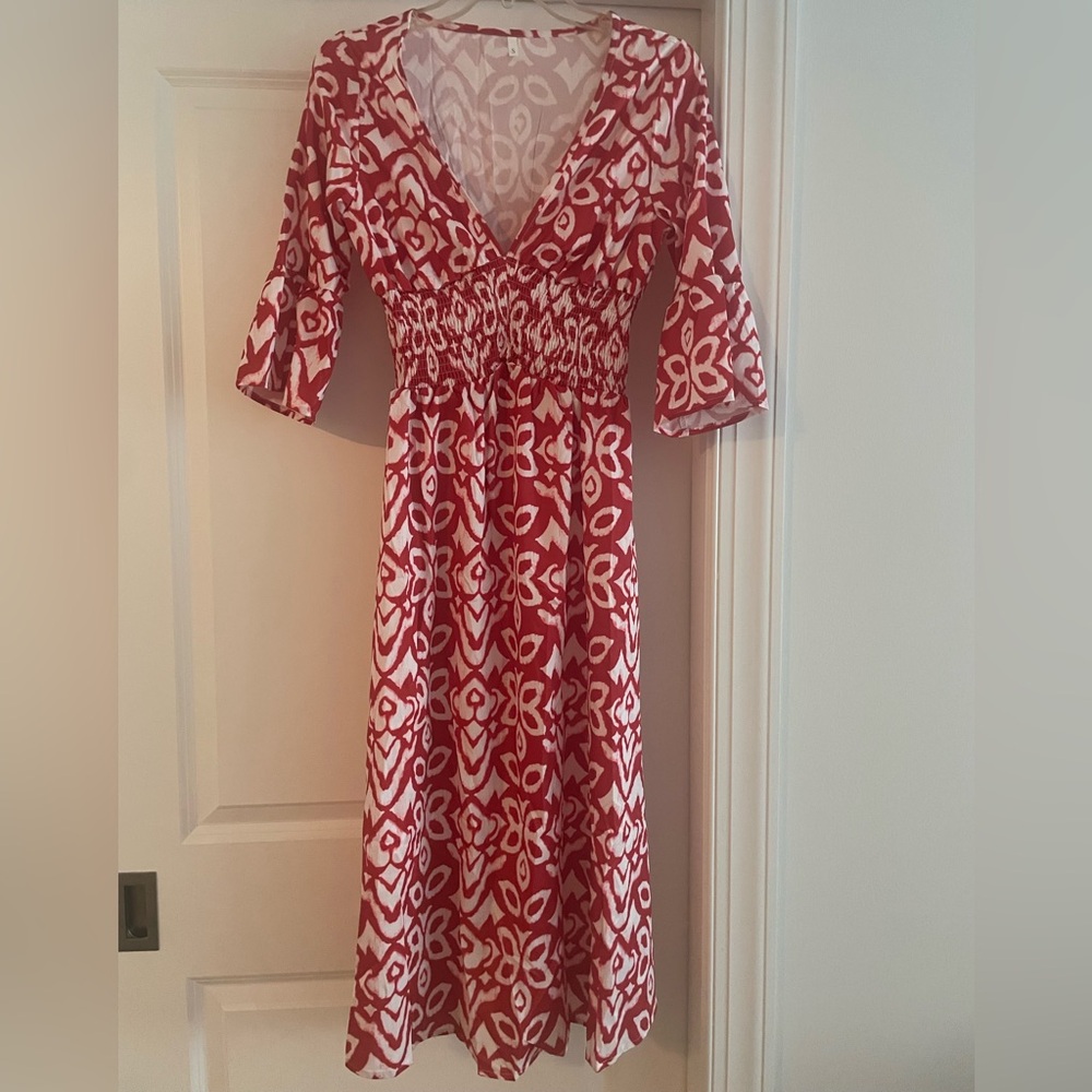 Amazon Red and White Midi Sundress with Bell Sleeves